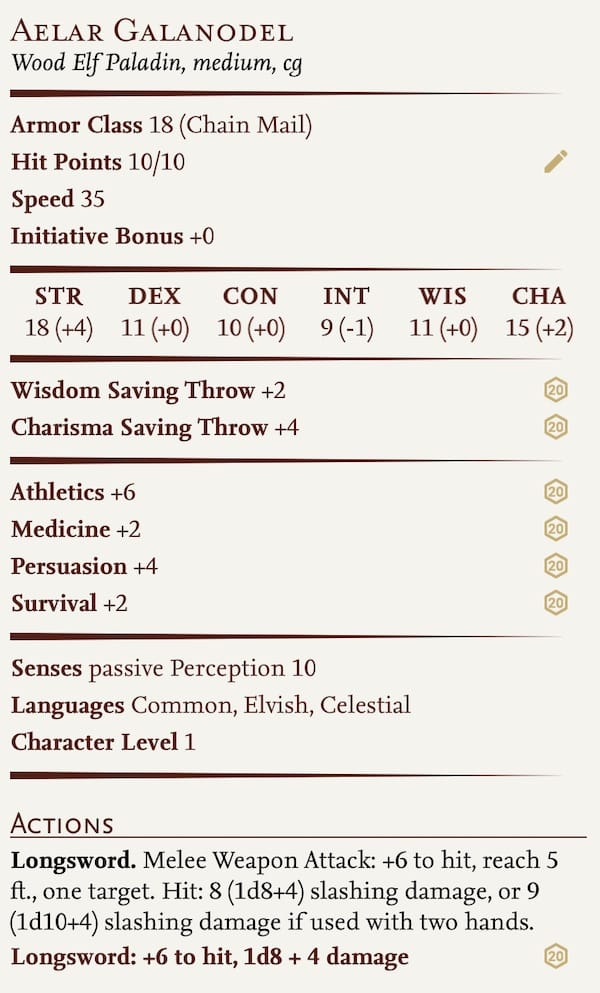 Aelar Galanodel Character Sheet