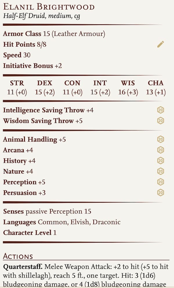 Elanil Brightwood Character Sheet
