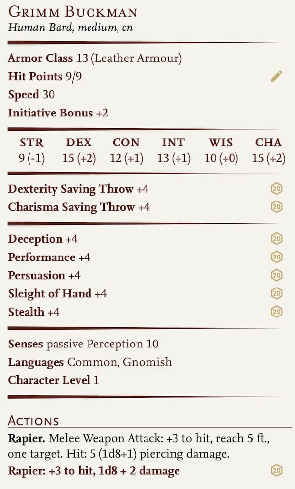 Grimm Buckman Character Sheet